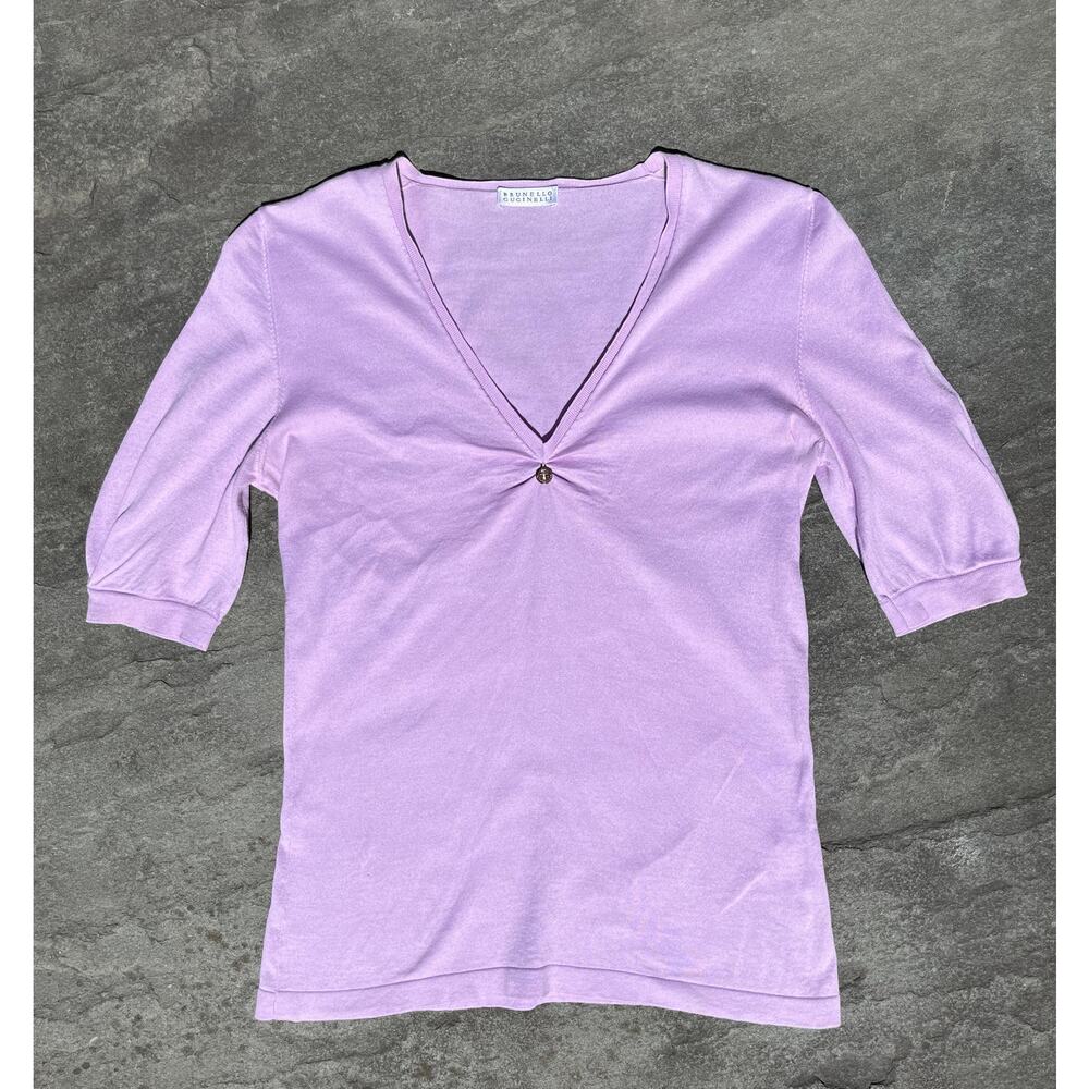 Brunello Cucinelli Lilac Fine Cotton V-Neck Knit Top Half Sleeve Medium M
